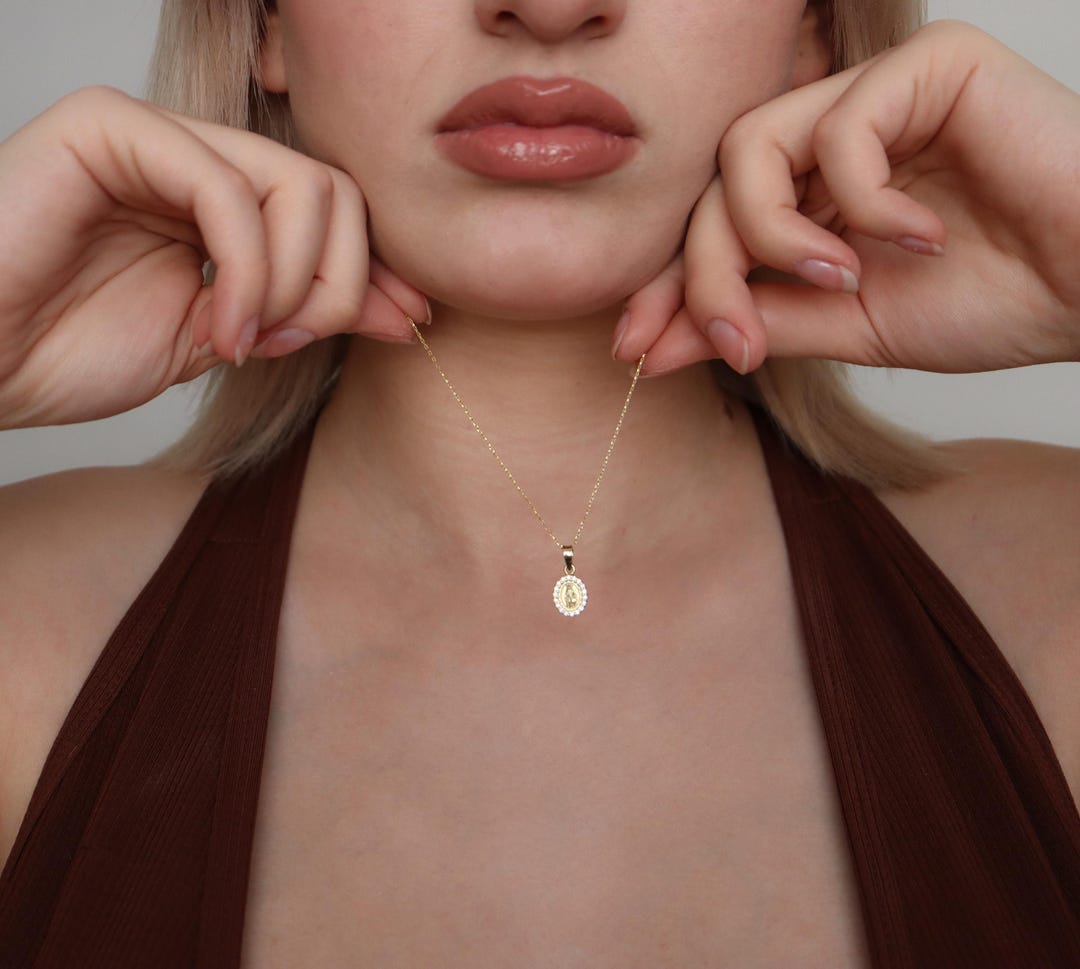 14K Gold Virgin Mary Necklace: Religious Protection Pendant Valentines ...