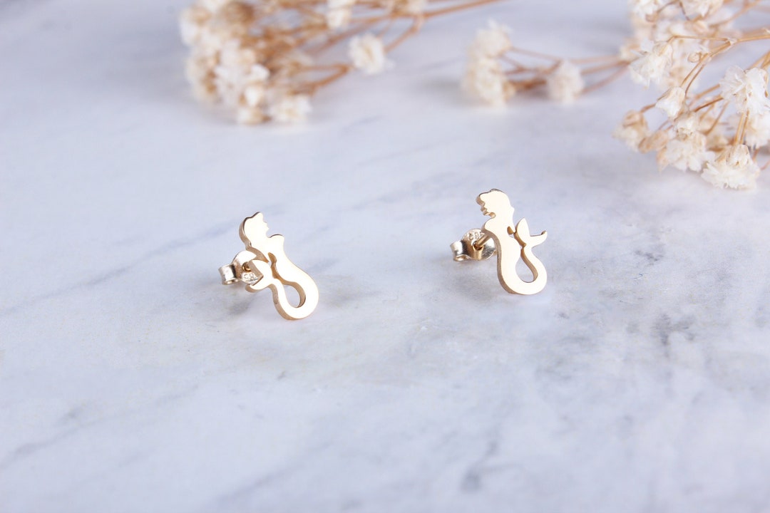 Mermaid Stud Earrings in 14K Solid Gold, Mermaid Fish Earrings, Fun and