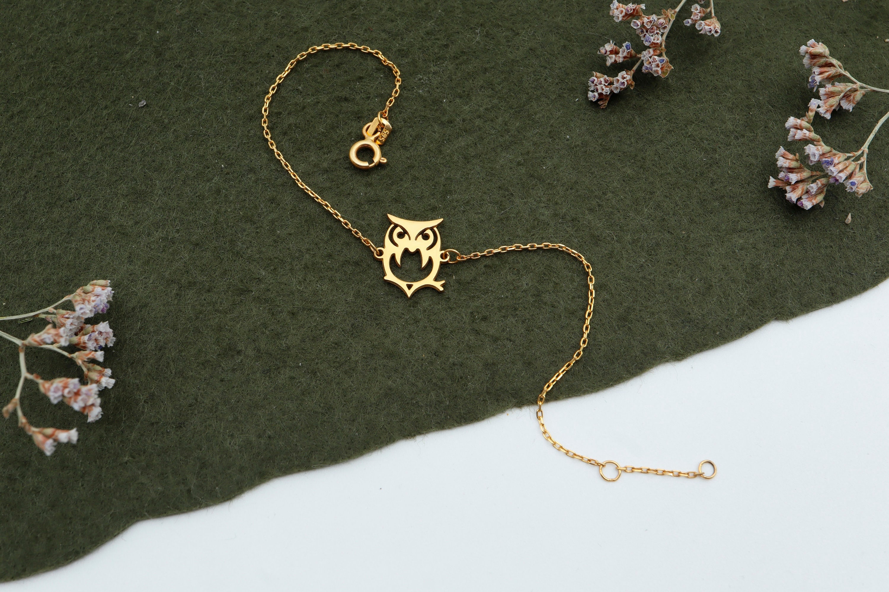 14K Solid Gold Owl Bracelet: Handmade Animal Jewelry