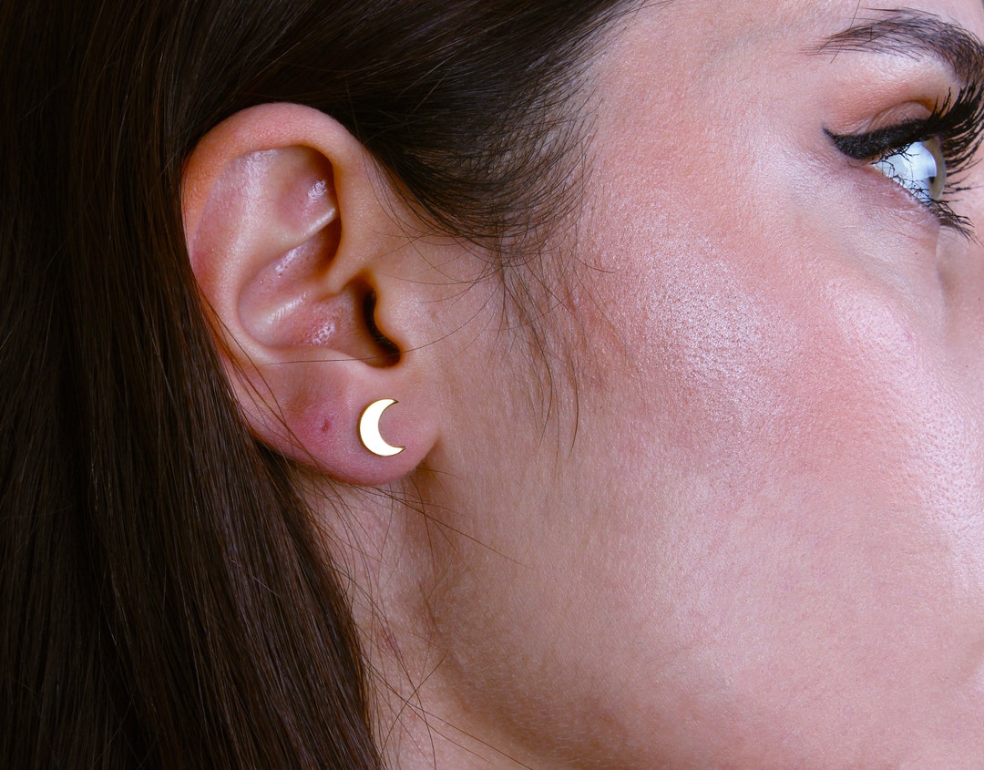 14K Solid Gold Moon Earrings, Gold Crescent Moon Stud Earrings, Moon