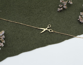 Pulsera de tijeras de oro de 14 quilates, joyería de peluquero, pulsera de plata hecha a mano, regalo de San Valentín