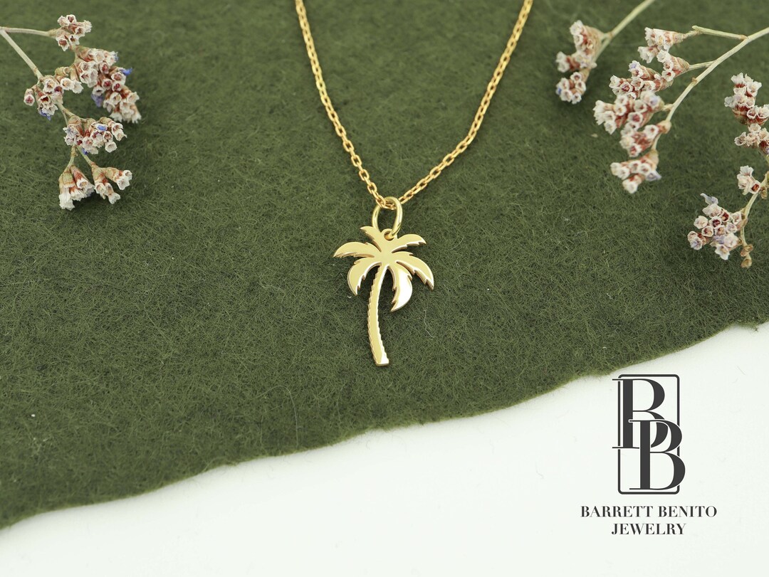 14K Solid Gold Palm Tree Necklace, Real Gold Dainty Palm Pendant, Palm