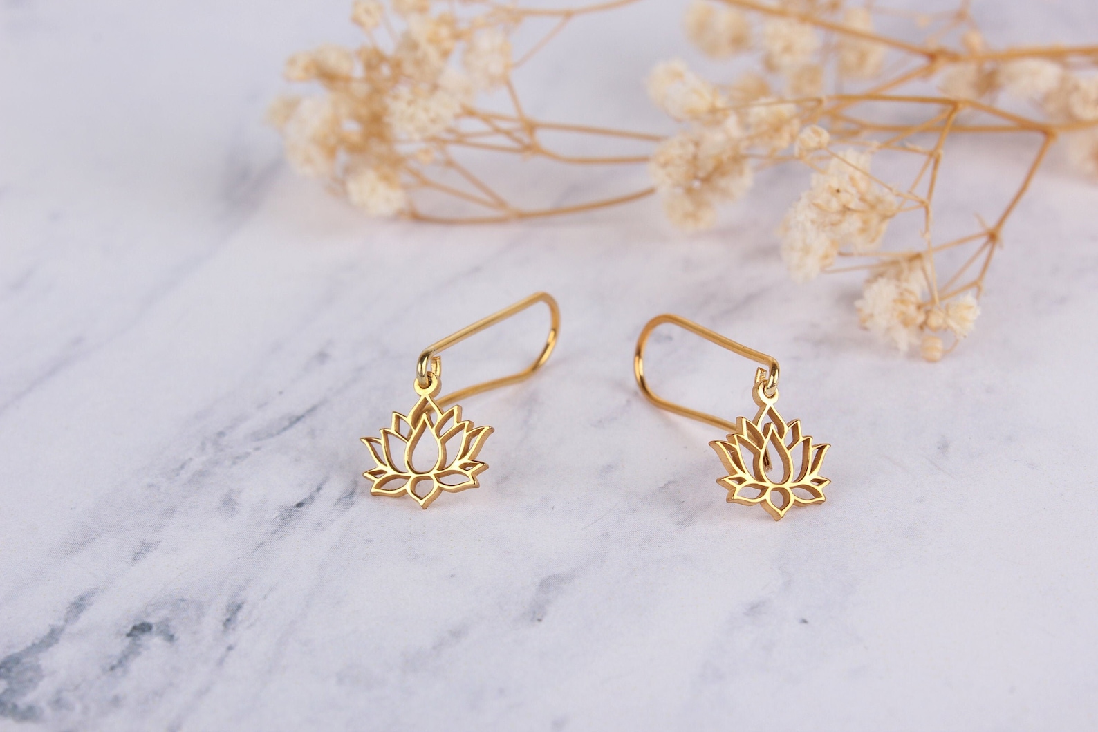 14K Solid Gold Lotus Flower Dangle Earrings Lotus Flower - Etsy