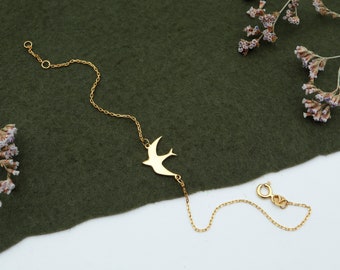 Bransoletka z jaskółką z litego złota 14K: ręcznie robiona biżuteria z motywem ptaków, prezent na Walentynki