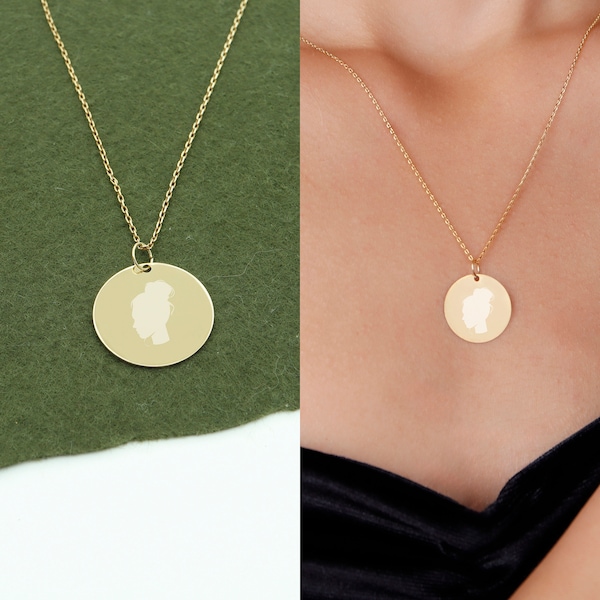 Custom Silhouette Disk Charm Necklace in 14K Solid Gold, My Mom Dad Child Custom Engrave Silhouette Real Gold Pendant, Multi Disc Silhouette