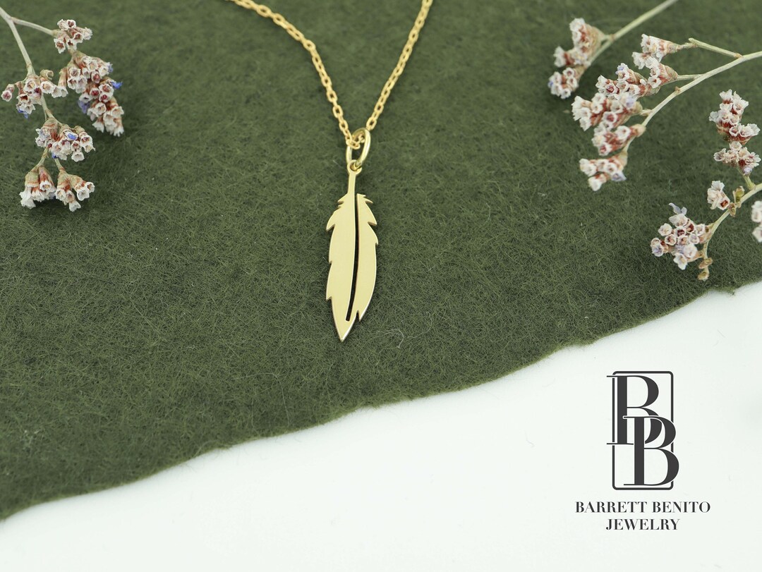 14K Solid Gold Feather Pendant, Real Gold Feather Necklace, Boho Style