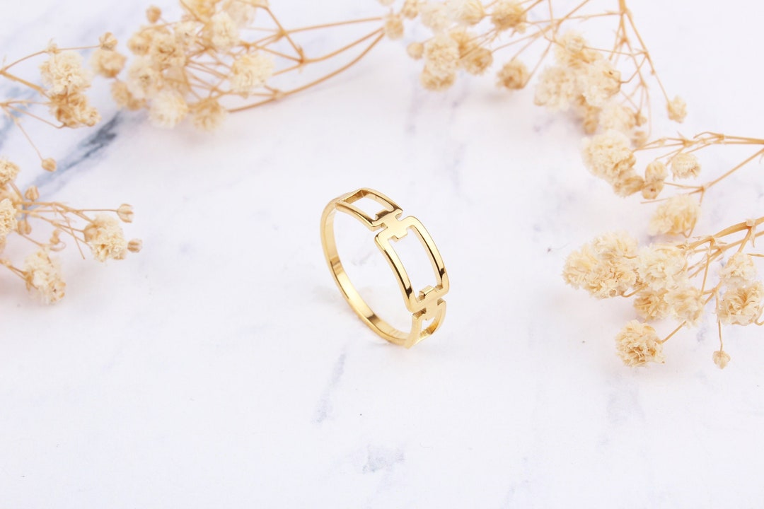 Three Ring Rectangular 14K Solid Gold Three Rectangle Ring: Handmade Chic Ring Valentines Day ...