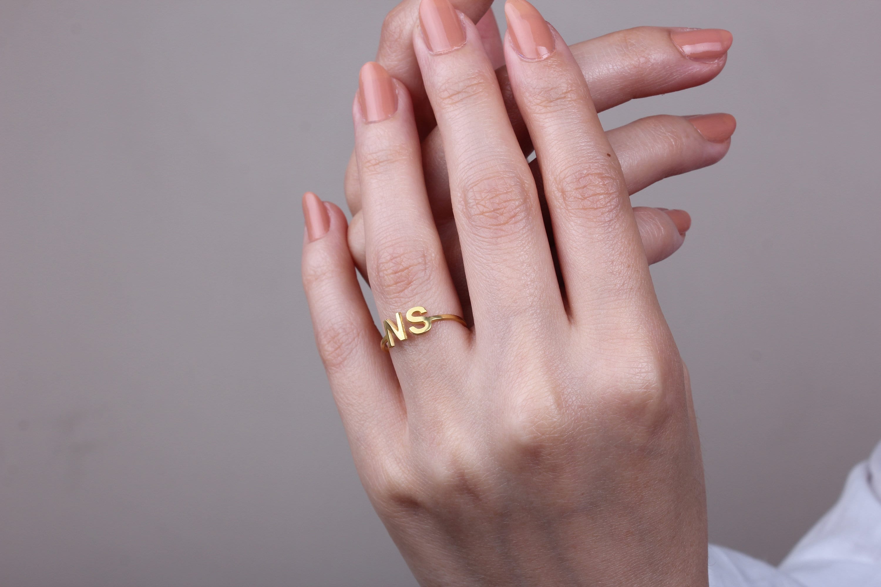 14K Solid Gold Initial Ring: Personalized Letter Monogram