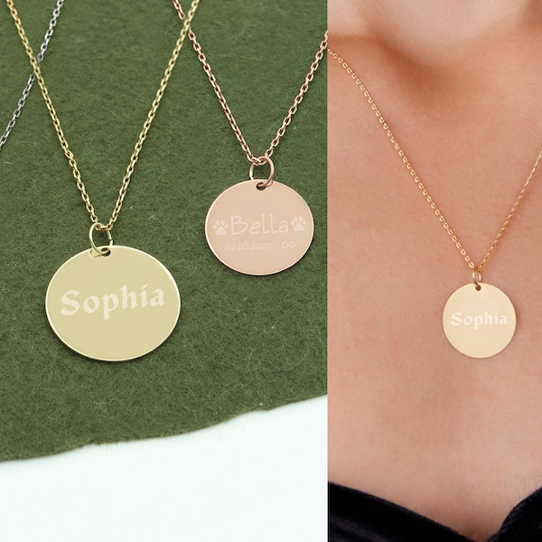 14K Solid Custom Engrave Disk Necklace,Personalized Dainty Solid Gold Charm Pendant,Real Gold 2 Side Engravable Multi Disc Mothers Day Gifts