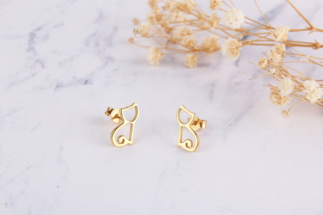 14k Yellow 14 Karat Gold Cat Earrings 14K Yellow Gold Cat Stud