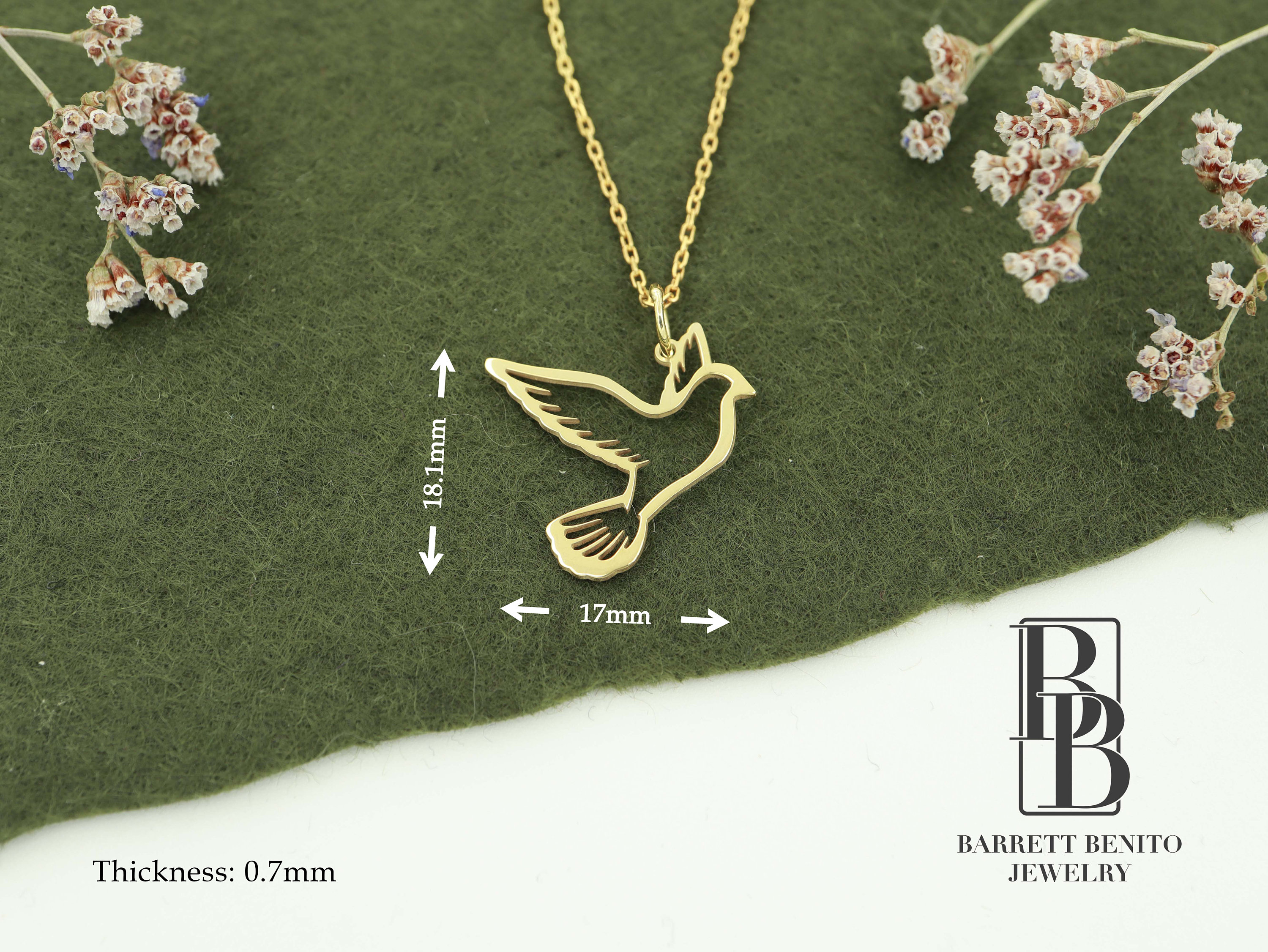 14K Solid Gold Pigeon Pendant Necklace: Dainty Dove, Olive Branch