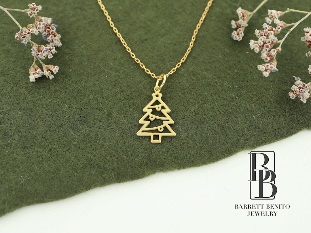 14K Solid Gold Tree Necklace, Real Gold Pine Tree Necklace, Gold Xmas