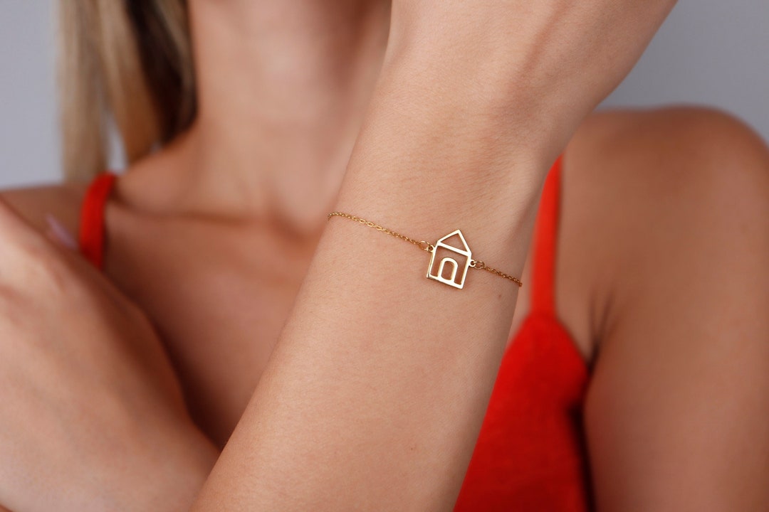 14K Solid Gold Dainty House Bracelet Real Gold House Jewelry Etsy
