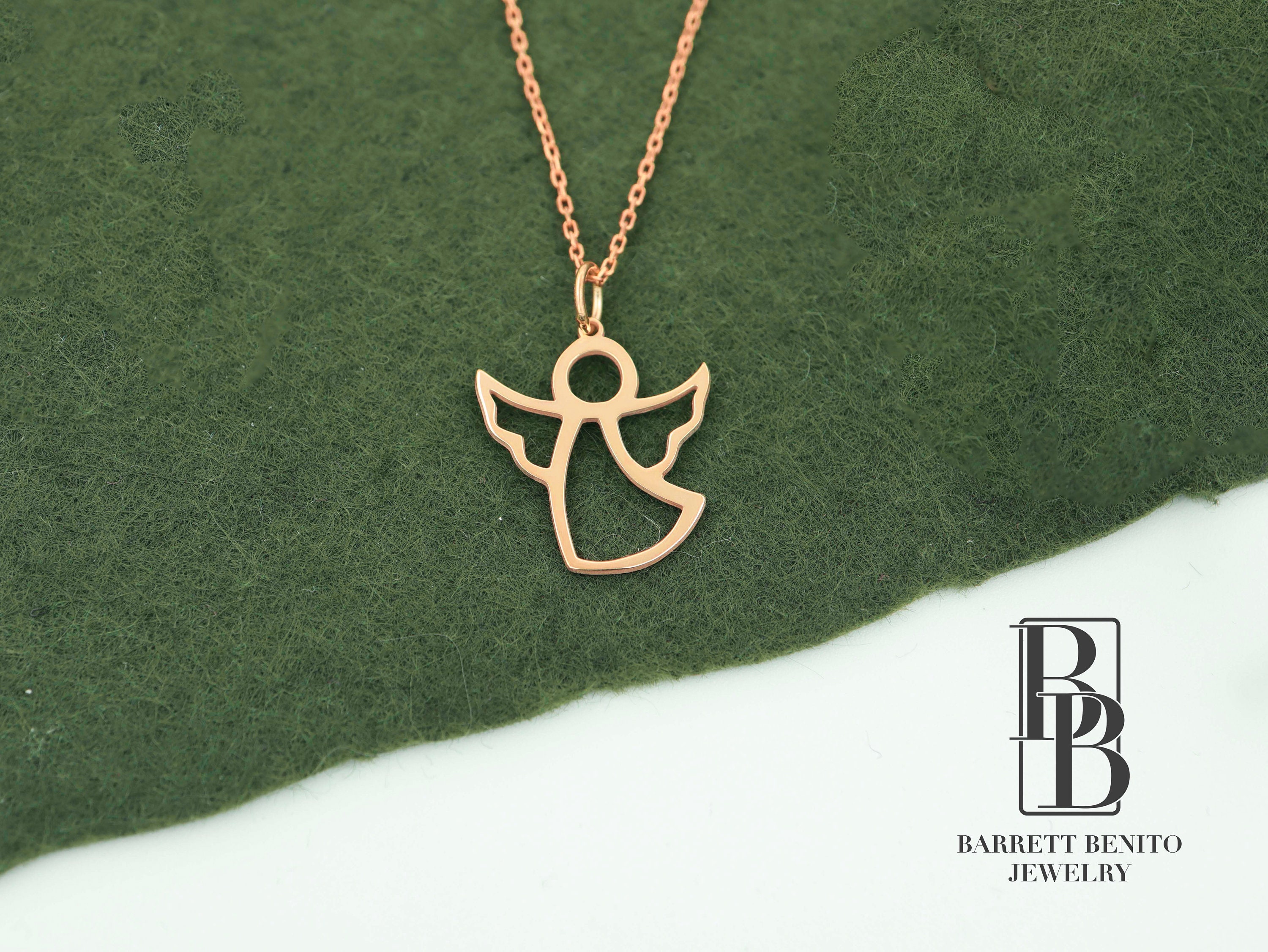 14K Solid Gold Angel Necklace, Real Gold Guardian Angel