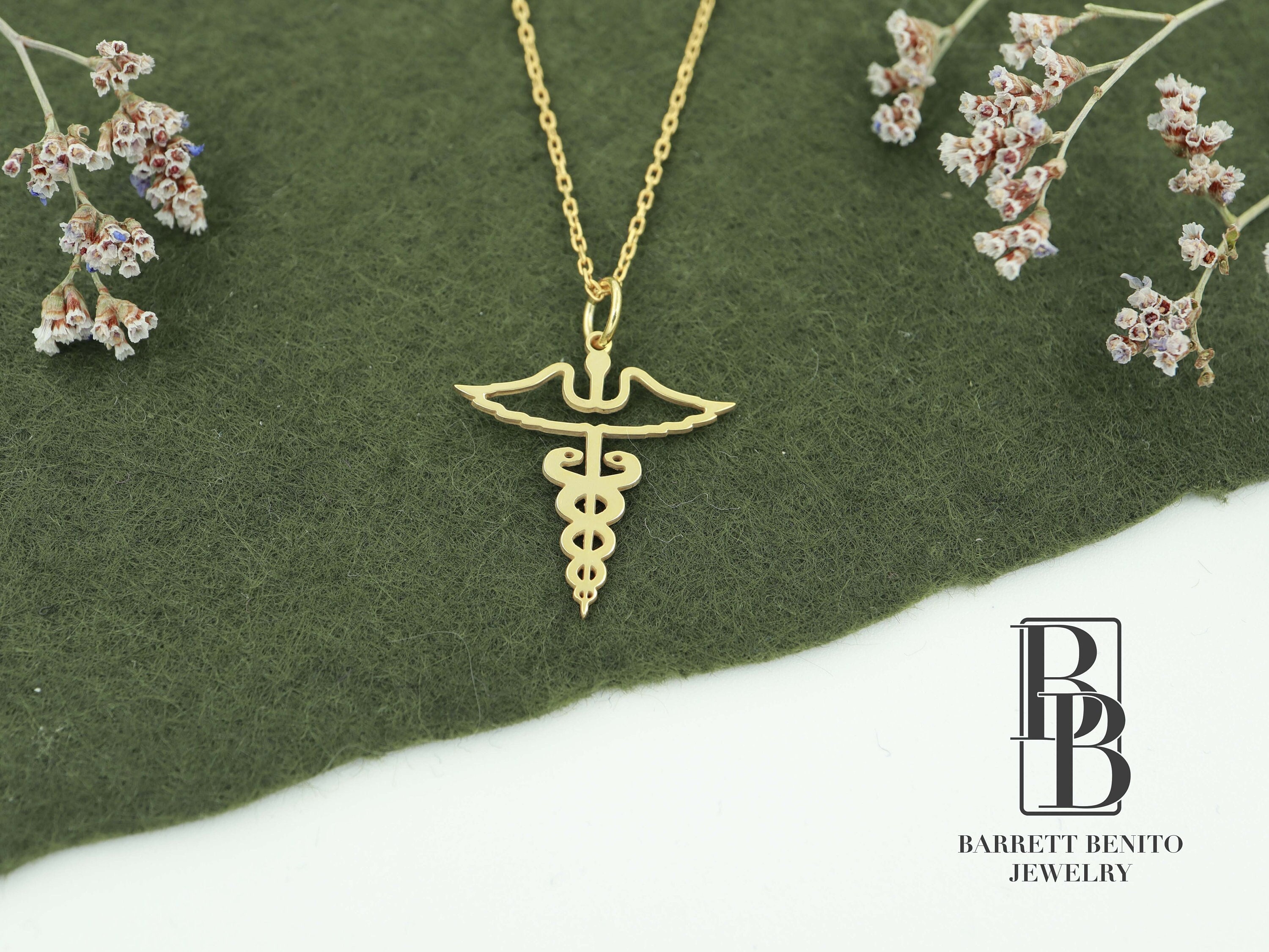 14K Solid Gold Caduceus Necklace, Gold Caduceus Symbol of Medicine Charm Real Gold Pendant Necklace,Gold Nursing Caduceus, Christmas Gifts