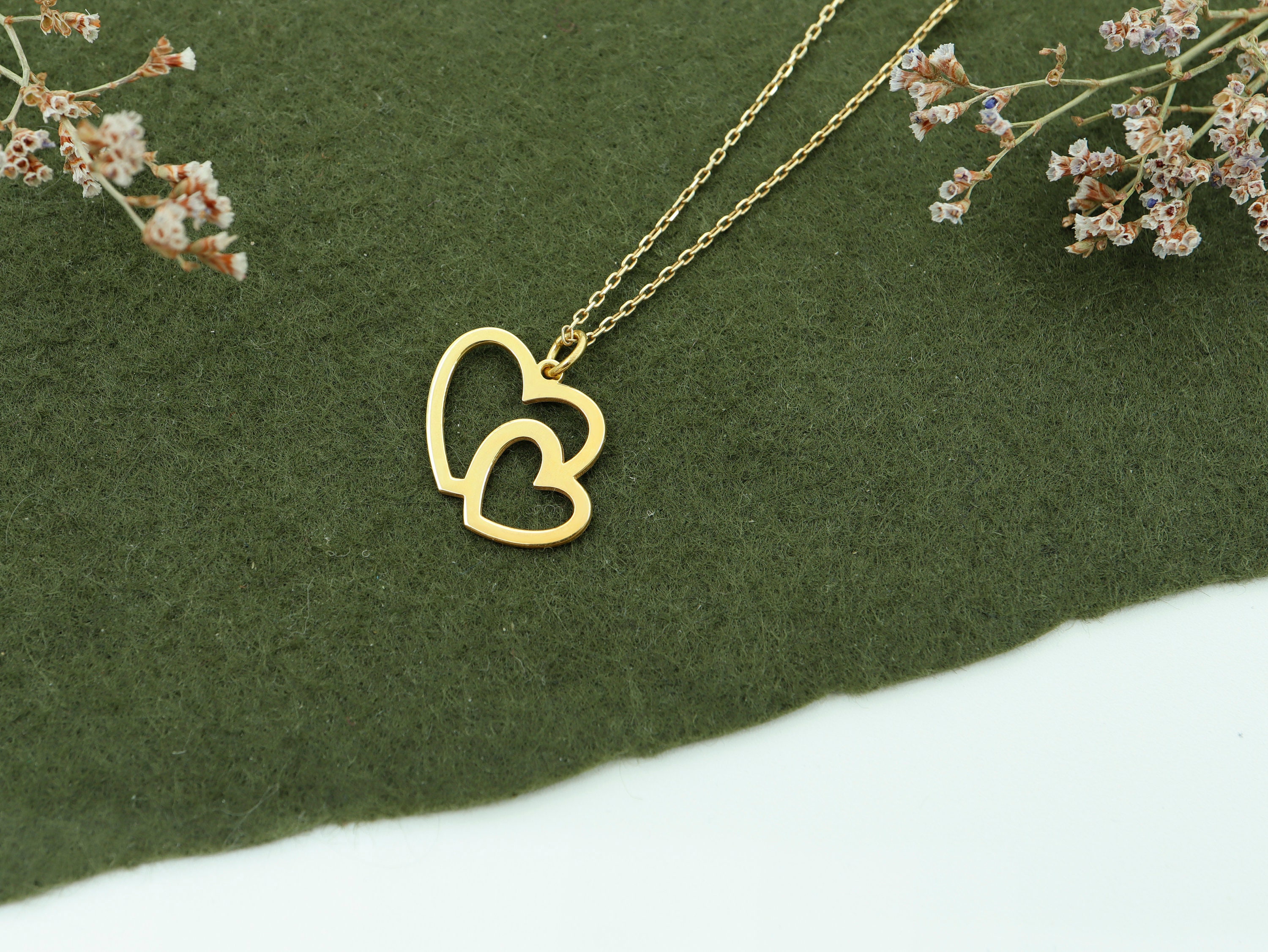 [Golden dew] 韓国☆18K Gold☆Happy heart 2 Necklace 14K Solid Yellow Gold Double Heart Necklace | eBay