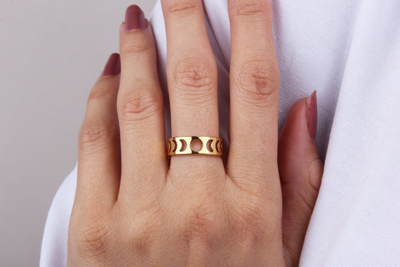 Phases of the Moon Band Ring, 925K Sterling Silver Moon Ring