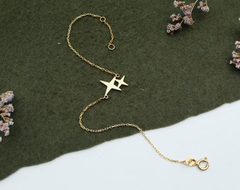 14K Solid Gold Star Bracelet: Dainty North Star Charm, Handmade Valentines Day Gift