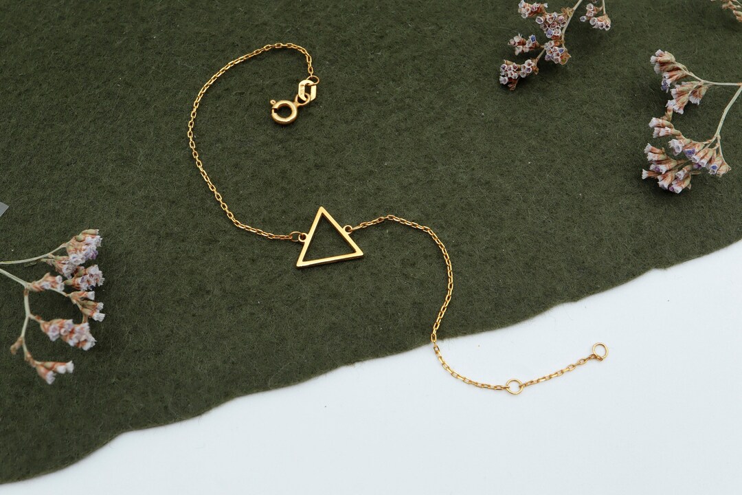 Triangular Gold Bracelets 14K Solid Gold Triangle Bracelet, Minimalist Geometric Charm Valentines ...
