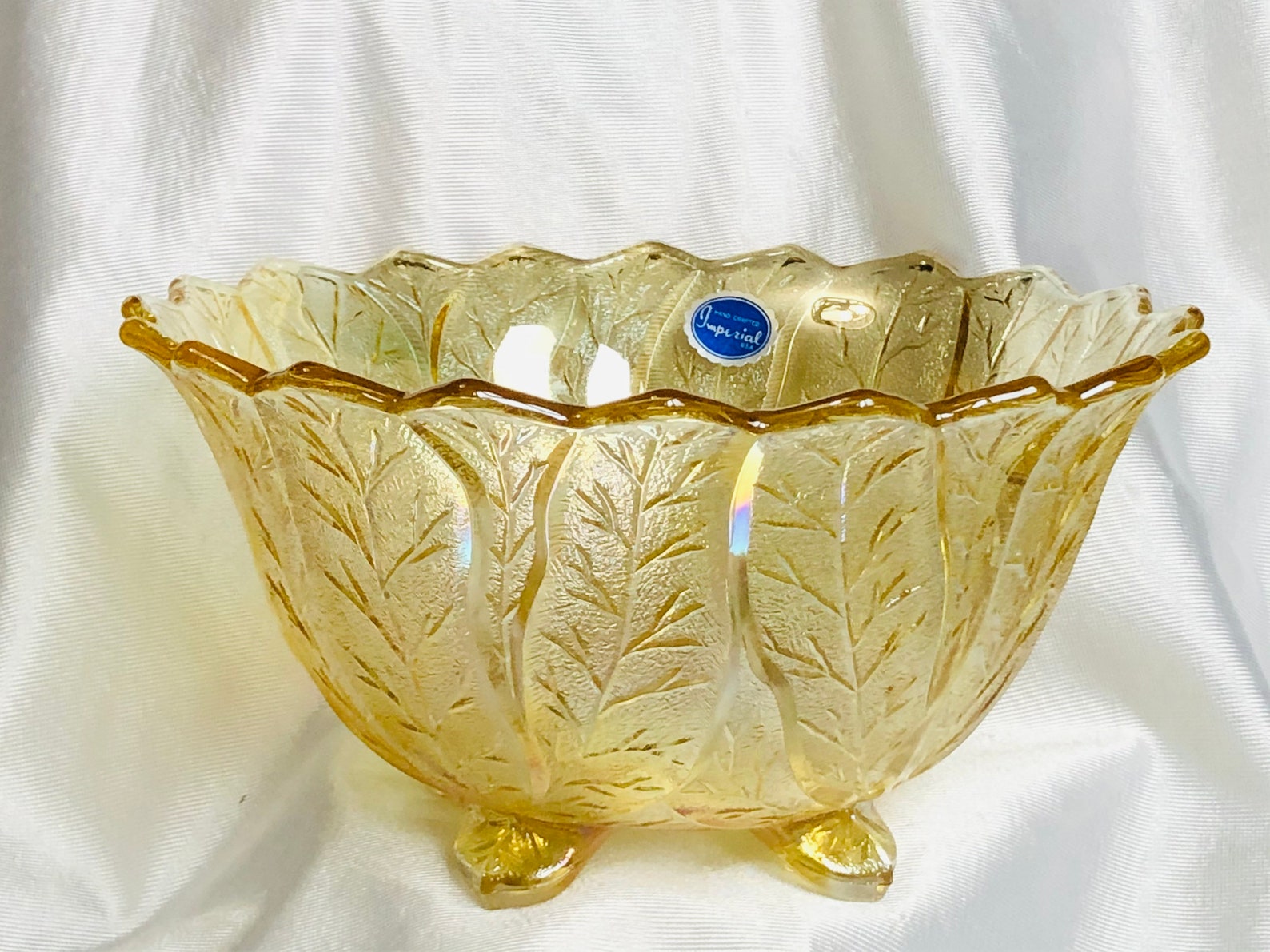 Imperial Glass Co Yellow Carnival Acanthus Leaf Footed Bowl Etsy