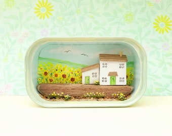 Sunflower Cottage Diorama Handmade Miniature Sardine Tin Home Gift