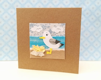 Original Artwork Seagull & Chips  Handmade Card Home Gift