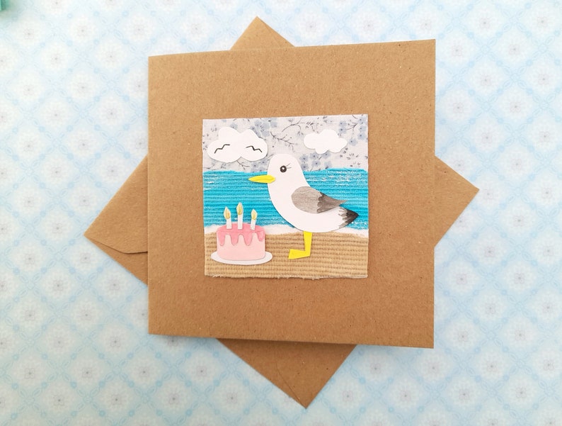 Original Artwork Seagull Birthday Cake Handmade Card Home Gift image 4