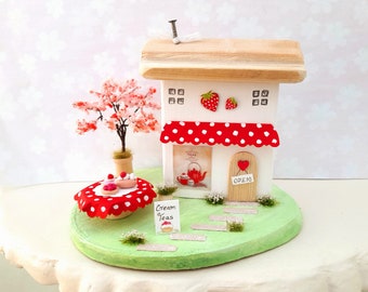 Strawberry Tearoom Handmade Cottage Shop Scene Wooden House Home Gift