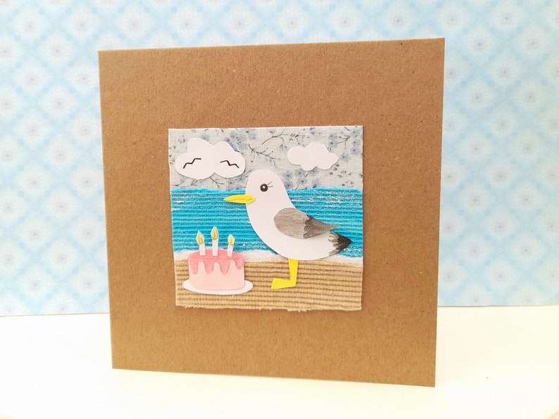 Original Artwork Seagull Birthday Cake Handmade Card Home Gift image 1