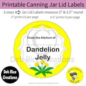 Dandelion Jelly Jar Lid Labels - canning mason jar lid labels, printable round label 2&quot; and 2.5&quot;, print on sticker paper or cardstock