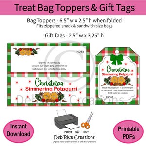 May include: Printable Christmas simmering potpourri treat bag toppers and gift tags with red and green plaid borders. Toppers measure 6.5 inches by 2.5 inches folded. Gift tags measure 2.5 inches by 3.25 inches. Includes orange slices and cinnamon.