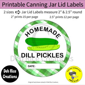Dill Pickles Jar Lid Labels - canning mason jar lid labels, printable round label 2&quot; and 2.5&quot;, print on sticker paper or cardstock