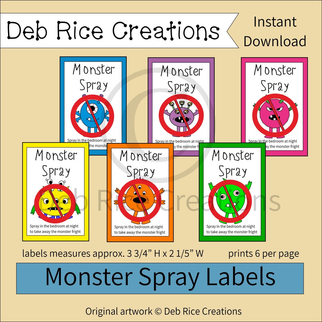Printable Monster Spray Labels Print on Reg or Sticker Paper, Keep Monsters Away, No More ...
