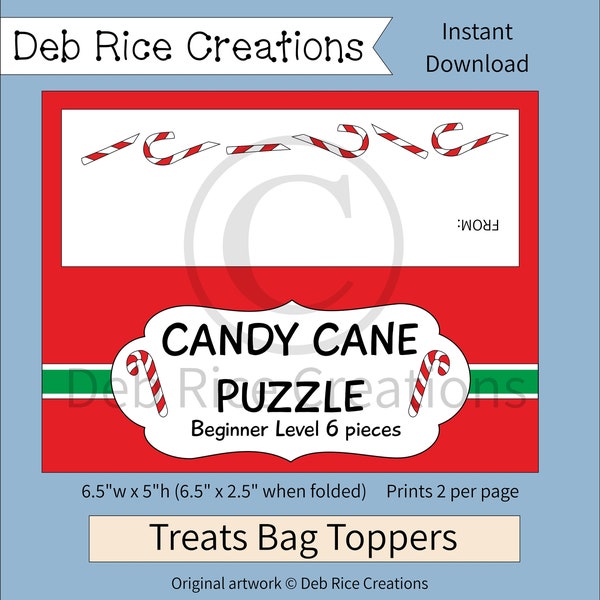 Candy Cane Puzzle Beginner Level Bag Toppers - printable Christmas bag toppers, candy cane gifts, stocking stuffers