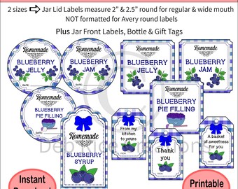 Etiketter och etiketter till blåbärsburkar - sylt, gelé, pajfyllning, sirap, presentetiketter, utskrivbara PDF-filer