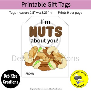 I&#39;m NUTS About You Gift Tags - tags for nuts, nut gift tags for holidays, parties, and more, nut lovers, printable nuts gift tags