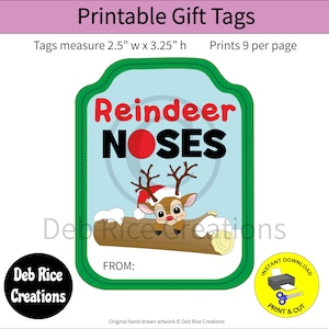 Etiquetas de regalo con narices de reno: recuerdos para fiestas navideñas, golosinas para el aula, regalos para calcetines navideños, PDF imprimible