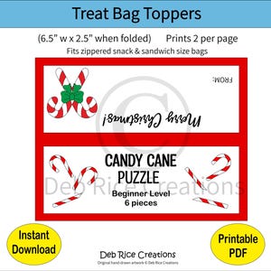 Candy Cane Puzzle Beginner Level Bag Toppers - Stocking Stuffers, Classroom Treats, Printable PDF