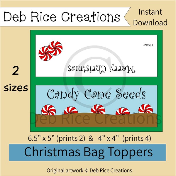 Candy Cane Seeds Bag Toppers - printable Christmas bag toppers, round peppermint candy gifts, stocking stuffers