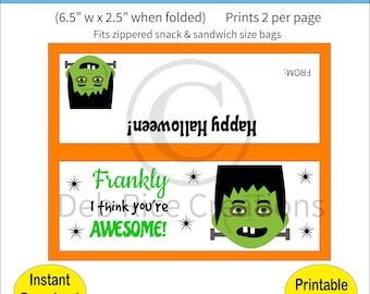 Frankenstein Halloween Treat Bag Toppers – Trick or Treat, Classroom Snacks, Printable PDF