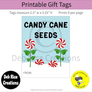 Candy Cane Seeds Gift Tags - party favor tags, classroom tags, round peppermint candy tags, printable Christmas gift tags