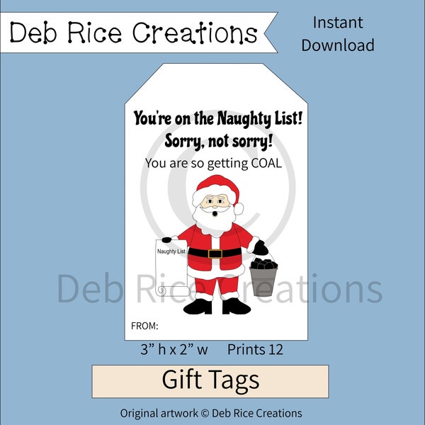 You're On The Naughty List Gift Tags - printable Christmas gift tags, candy coal treats, gag gifts, stocking stuffers