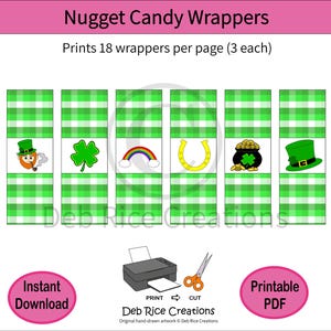 May include: A digital sheet of Nugget Candy Wrappers featuring green and white gingham patterns with six distinct St. Patrick's Day icons: a leprechaun, shamrock, rainbow, horseshoe, pot of gold, and top hat. Text includes Nugget Candy Wrappers.