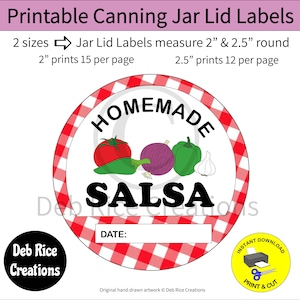 Salsa Jar Lid Labels - canning mason jar lid labels, printable round label 2&quot; and 2.5&quot;, print on sticker paper or cardstock