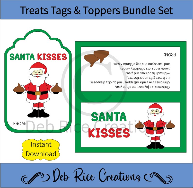 Santa Kisses Printable Tags &amp; Toppers Bundle Set Bag Toppers and Gift ...
