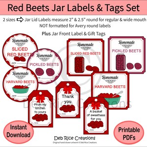 Può includere: Un set di etichette stampabili per barattoli di barbabietole rosse e cartellini regalo con il testo Red Beets Jar Labels & Tags Set, Homemade, Sliced Red Beets, Pickled Beets, Harvard Beets, Thank you, From my kitchen to yours, A basket.