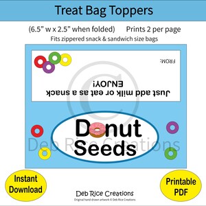 Donut Seeds Bag Toppers - Cereal Treat, Party Favors, Printable PDF