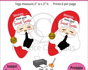 Secret Santa Gift Tags - White Santa, Party Favors, Stocking Stuffers, Printable PDF