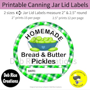 Bread & Butter Pickles Jar Lid Labels - canning mason jar lid labels, printable round label 2&quot; and 2.5&quot;, print on sticker paper or cardstock