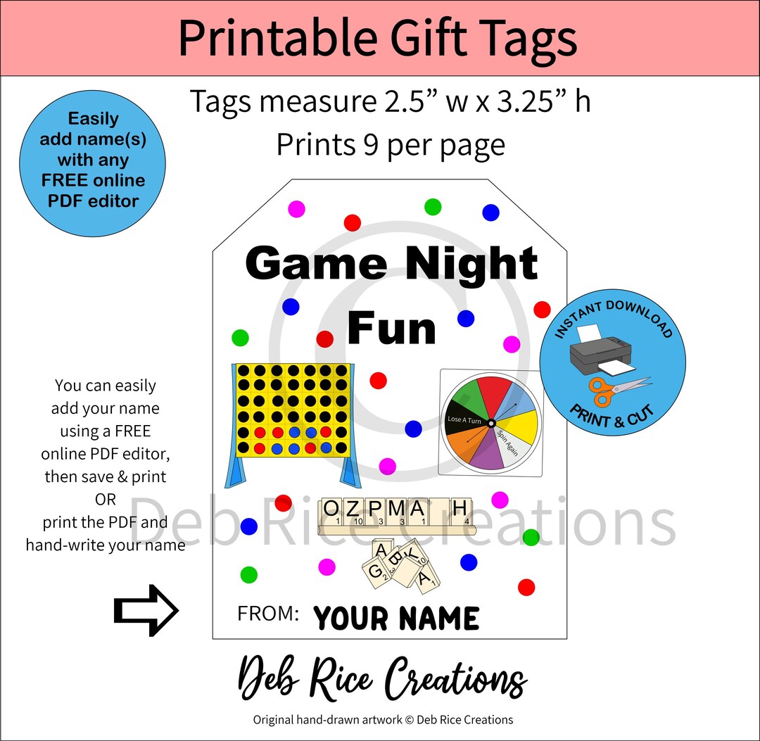 Game Night Fun Gift Tags - Treat Tags for Family and Friends Game Night ...